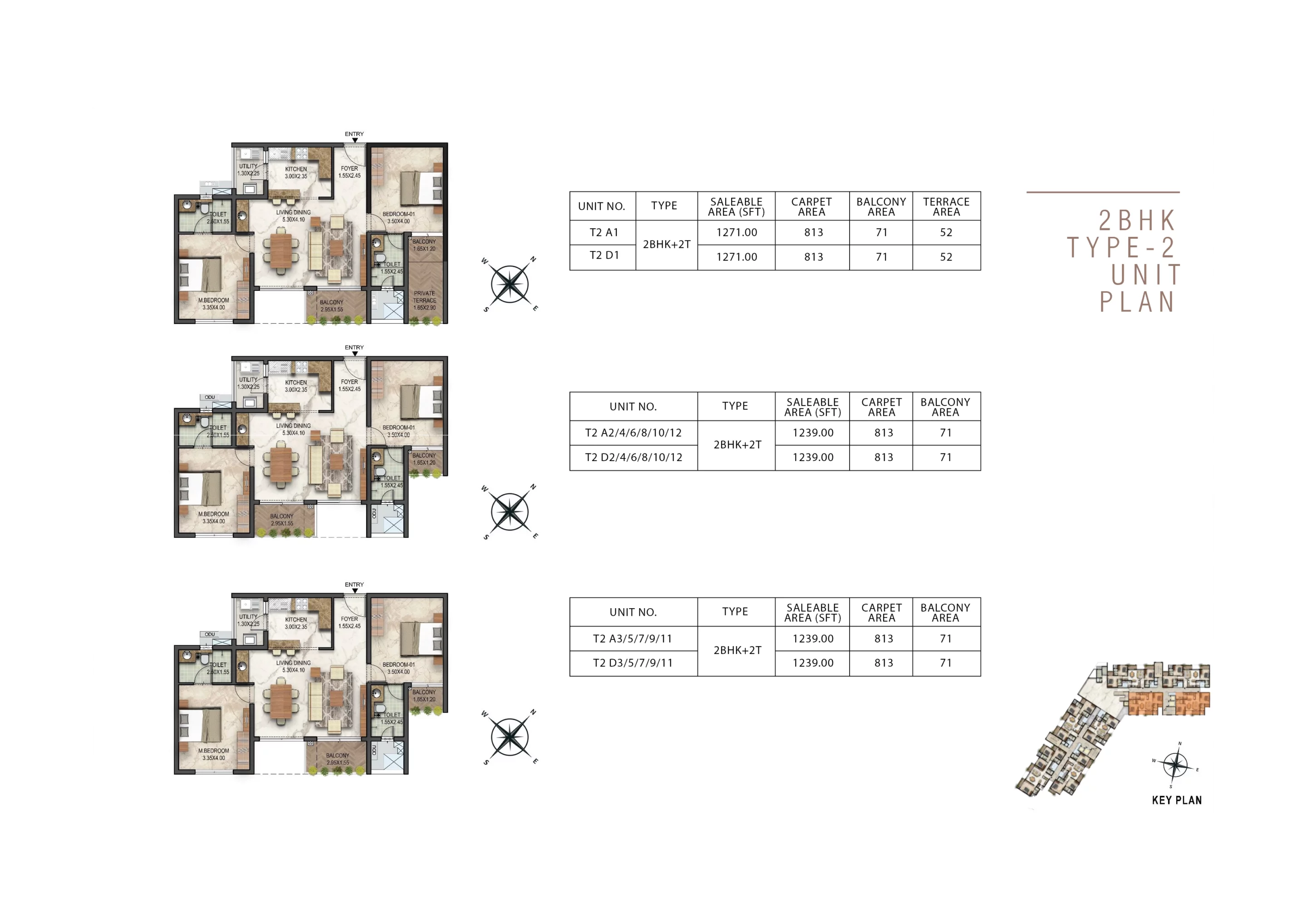 new 2 bhk type-2 unit plan with 2 toilets luxury apartment floor plan starting at 1200sqft in akkulam trivandrum