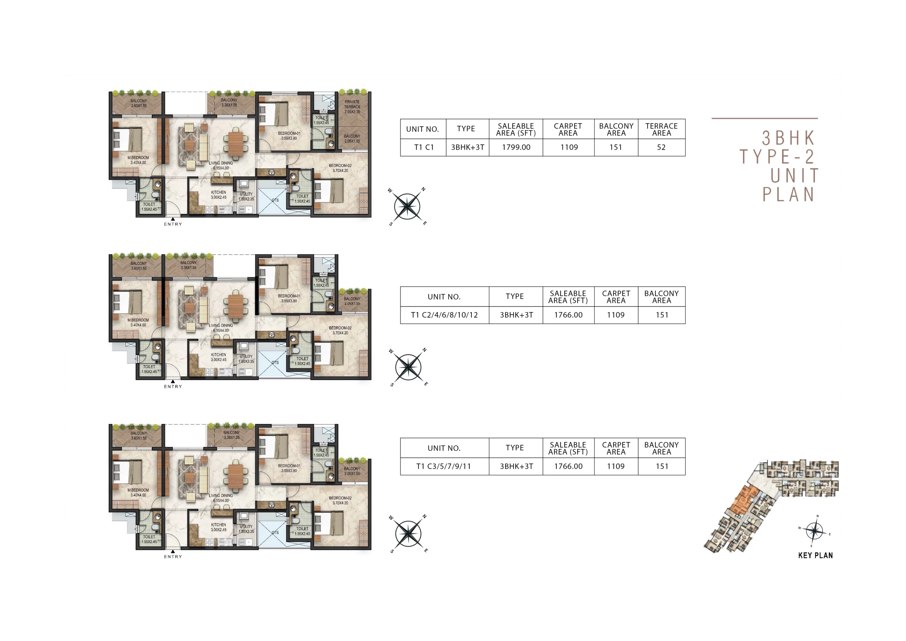 3 bhk type-2 unit plan with 3 toilets luxury apartment floor plan starting at 1700sqft in tower 1 with balcony area and terrace area in akkulam trivandrum
