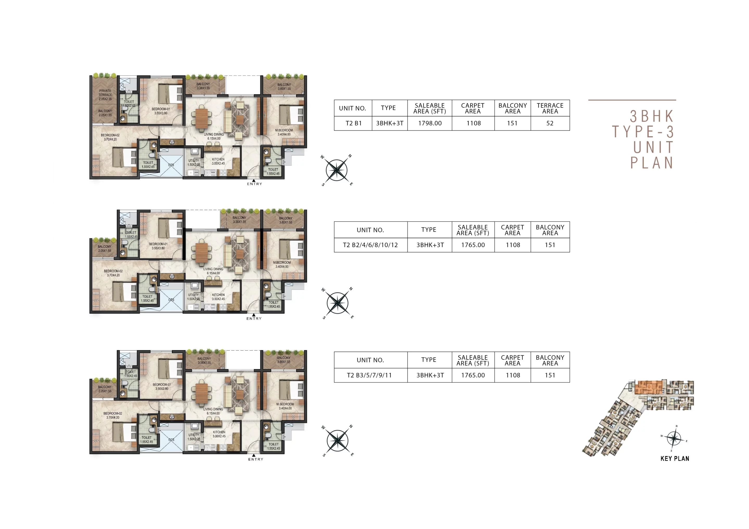 3 bhk type-3 unit plan with 3 toilets luxury apartment floor plan starting at 1700sqft in tower 1 with terrace area and balcony area in akkulam trivandrum
