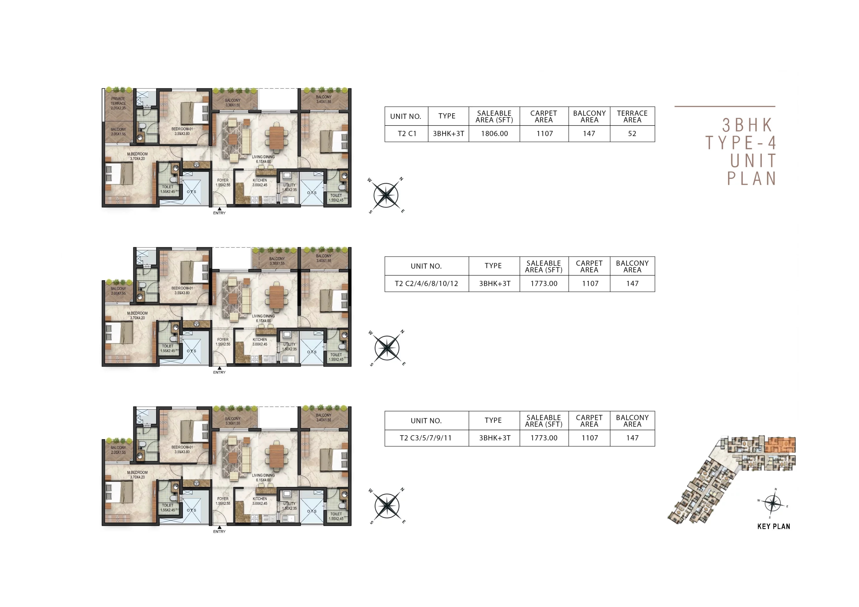 3 bhk type-4 unit plan with 3 toilets luxury apartment floor plan starting at 1800sqft in tower 2 with terrace area and balcony area in akkulam trivandrum