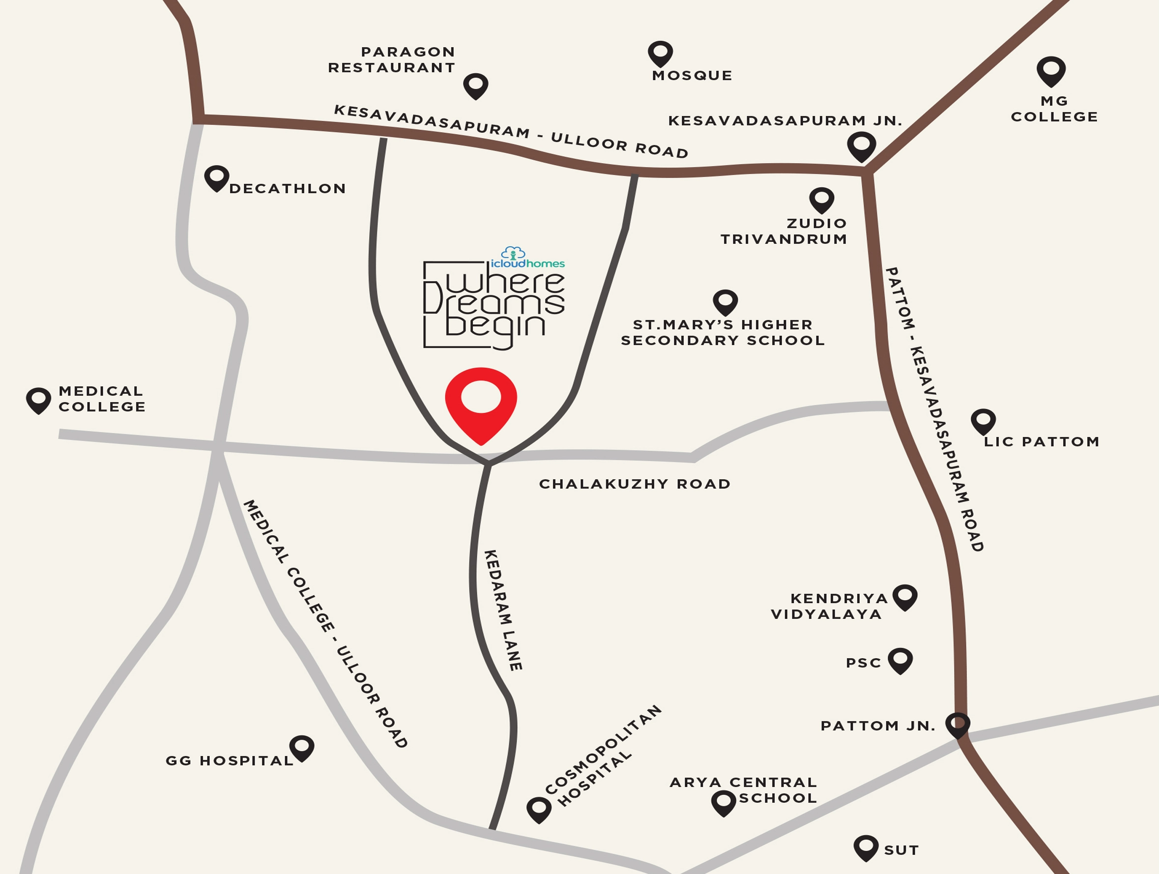find the location of where dreams begin luxury apartments in Pattom, Trivandrum