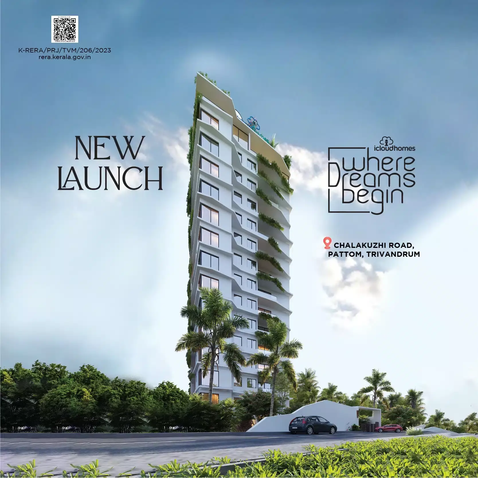 view of the elevation of luxury apartment project where dreams begin in pattom, trivandrum from bottom up